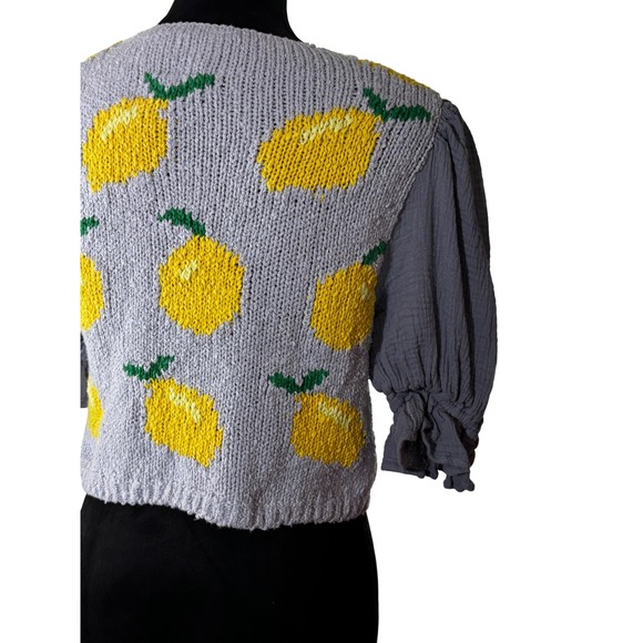 Free People Lemon Knit Cropped Sweater Top Puff Sleeve Gray Yellow S - Picture 5 of 9